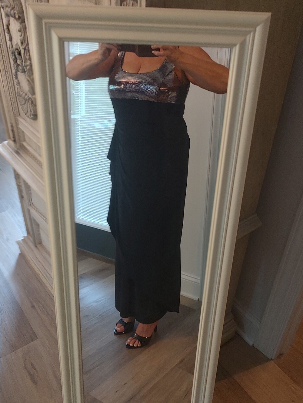 Alex Evenings Black Maxi Dress with Rose Gold Sequin Bodice